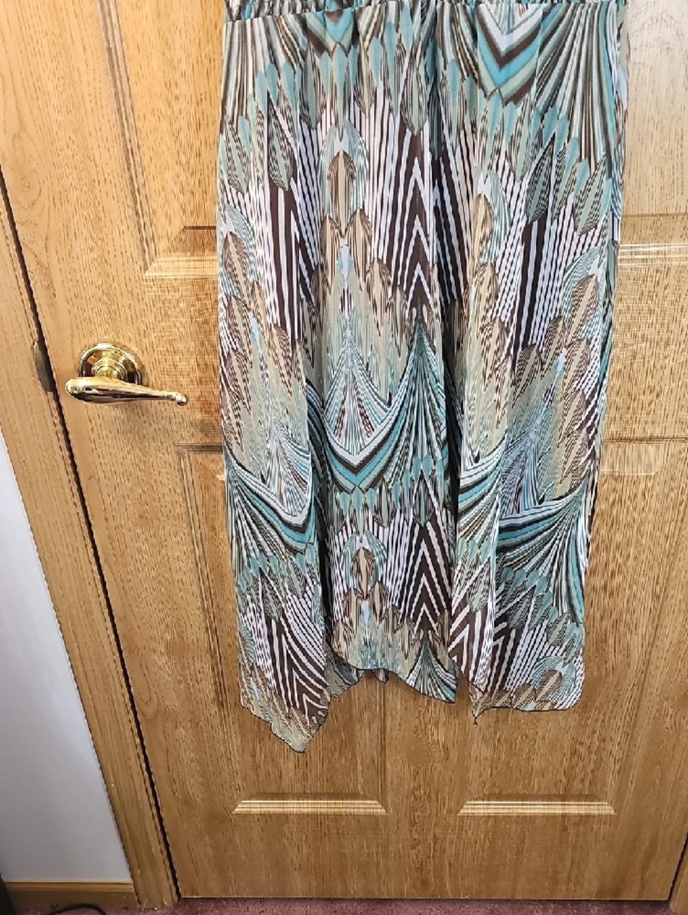 dressbarn Teal, Brown and Cream V-Neck Smocked Waist Midi Dress - Picture 10 of 10